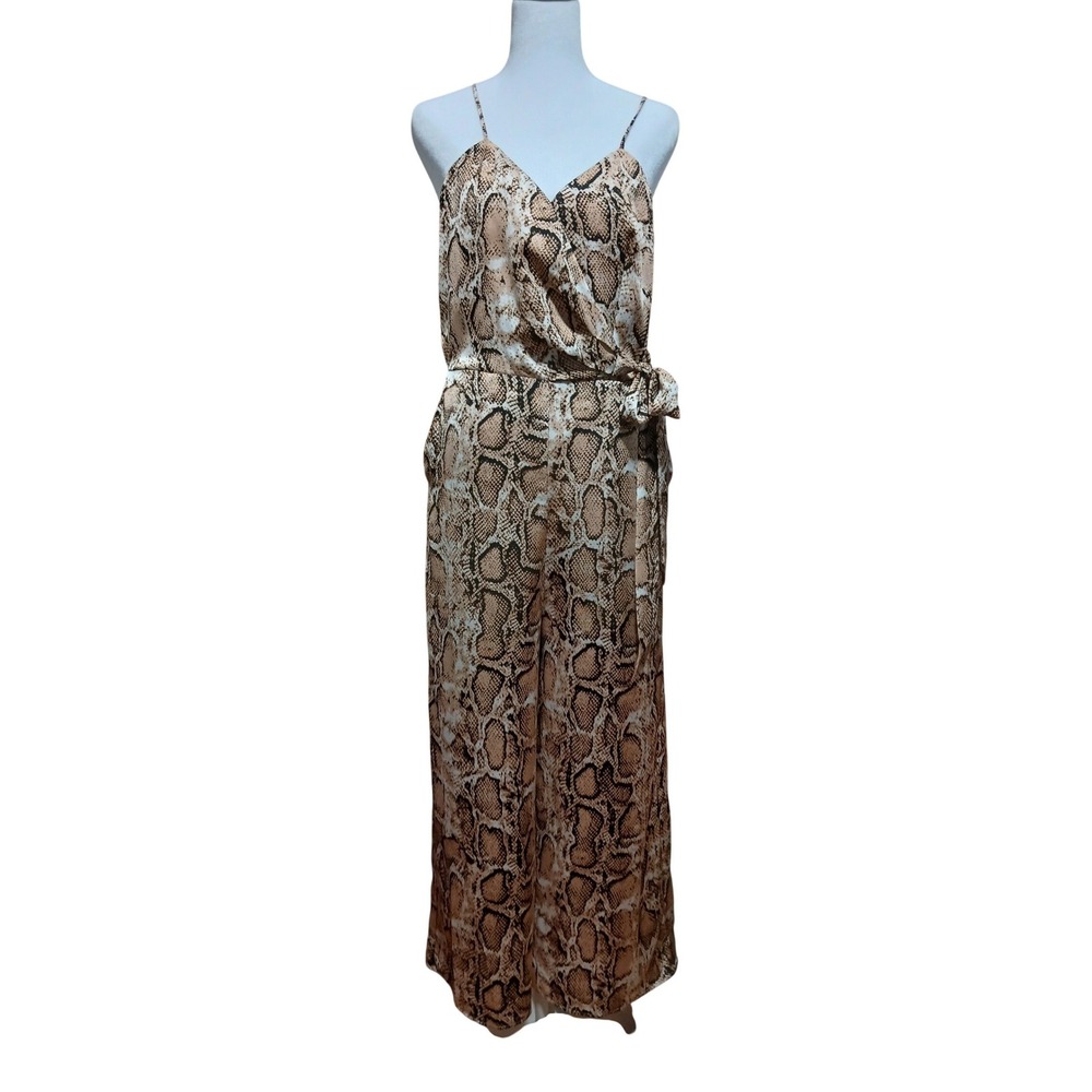 AQUA Womens Snake Print Wrap Front Wide Leg Jumpsuit Tan Brown Size M